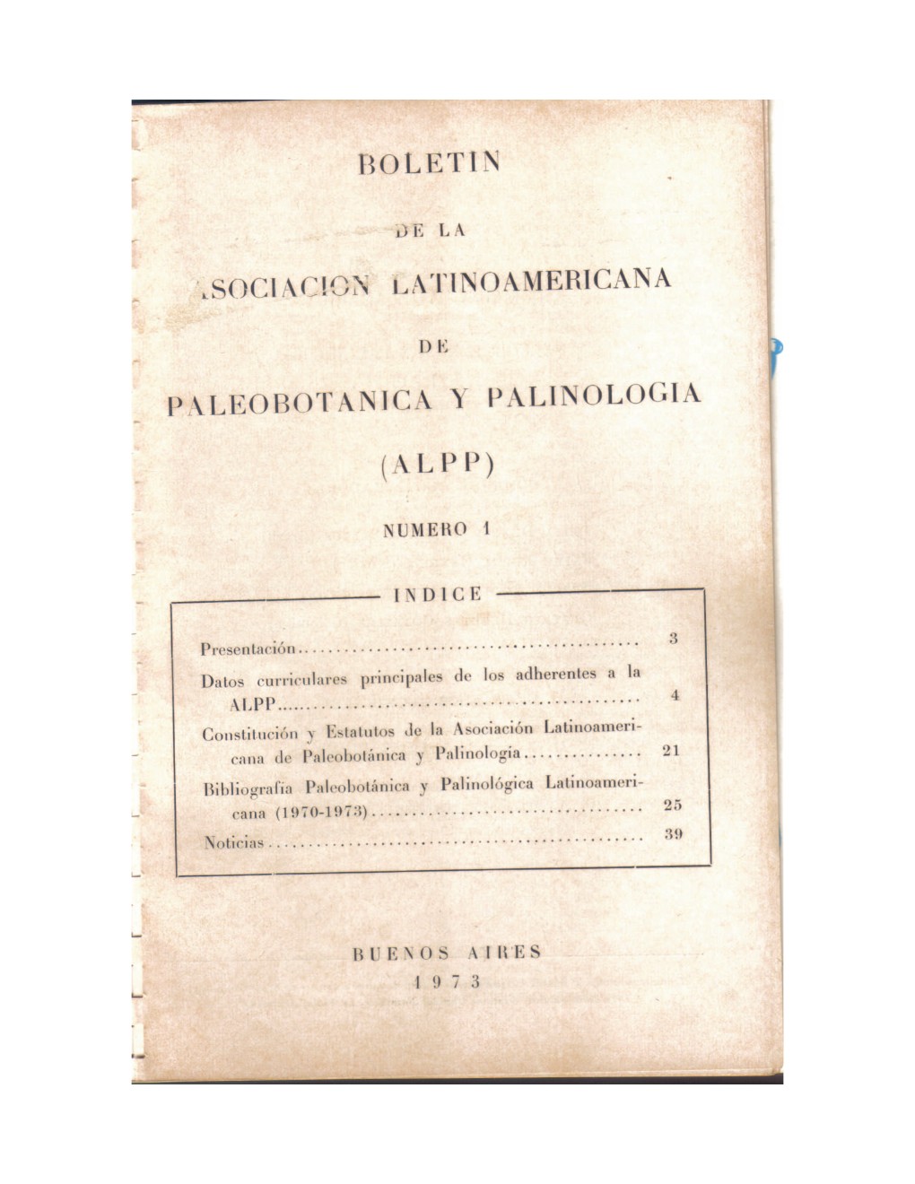 Portada del Boletín de la ALPP, Vol. 1 Núm. 1 (1973)